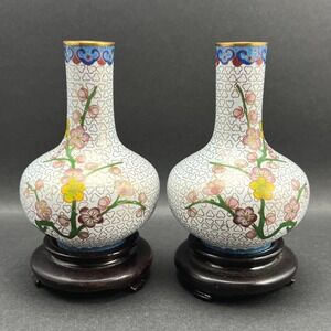 Vintage Cloisonne Vases Cherry Blossom‎ White Pink Yellow Wood Stands Pair 4"